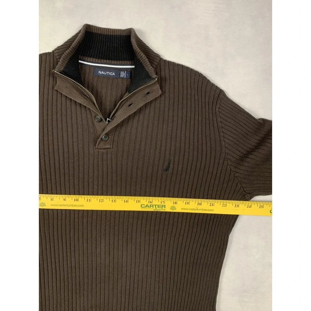 Nautica Sweater Mens‎ L Brown 1/4 Zip Rib Knit Cotton Pullover Casual